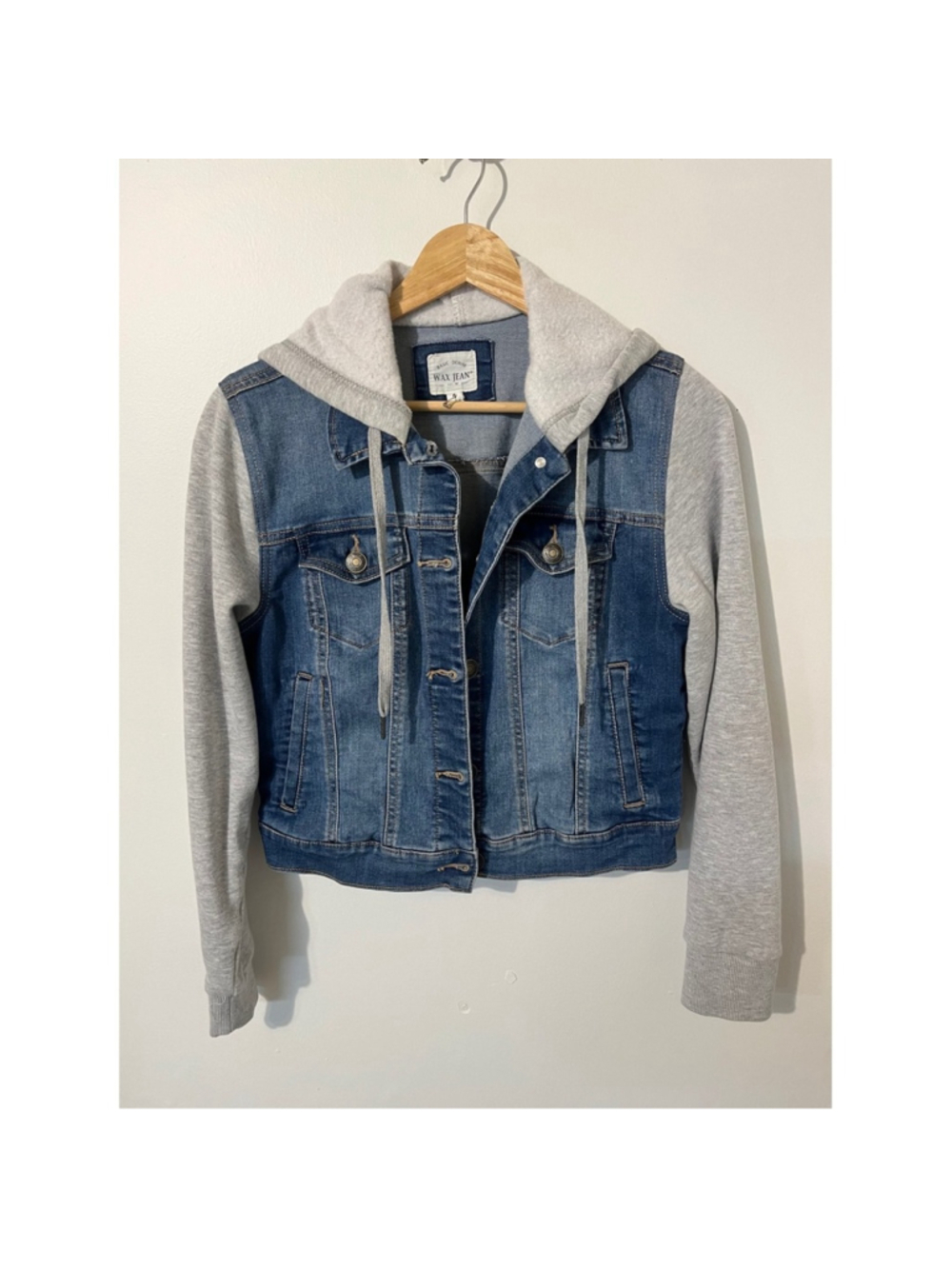 Wax Jean Womens‎ Denim Jacket Grey Hoodie Sleeves Mixed Media Blue Trucker Small